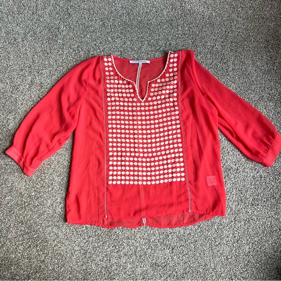 Collective Concepts Sheer Coral Blouse White Embroidered Polka Dots, Size Large - Picture 1 of 9